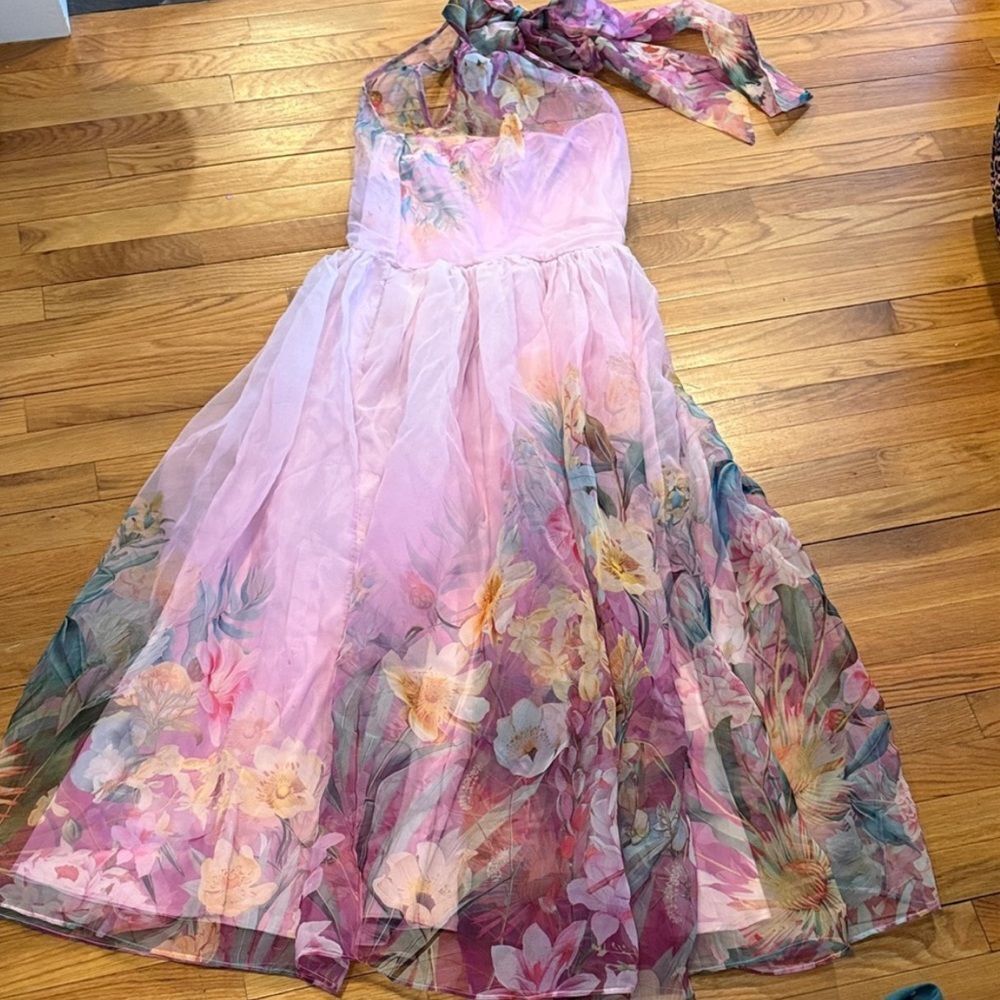 New Amthropologie BHLDN Kendall High-Neck Scarf Floral Organza Maxi Dress Sz Xs - Picture 2 of 8